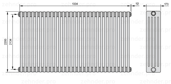 Схема (чертеж) Радиатор Zehnder Charleston 5220/29 №1270 Белый глянцевый RAL 9016